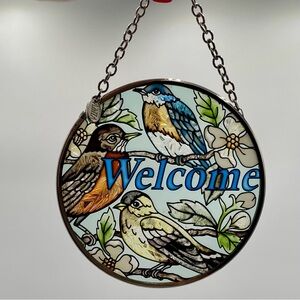 AMIA Hand Painted Welcome Suncatcher Glass Stained Goldfinch Robin Blue Bird 3.5